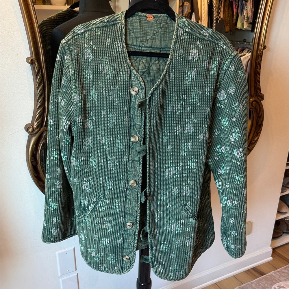 Free People Green Floral Button-Up Jacket